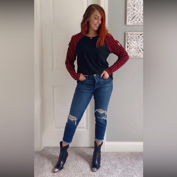 Women’s “CHECKED ALL THE BOXES TOP” Black & Red Checkered Long Sleeve Tee Size L - Picture 9 of 17